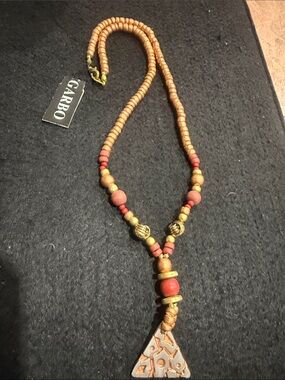 Carbon Red and Tan Beaded Necklace with Triangle Pendant